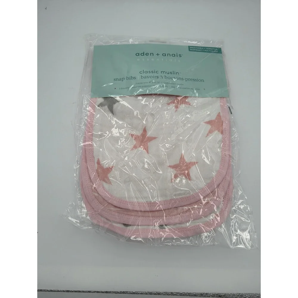 Aden + Anais Essentials Classic Muslin Snap Bibs 3-Pack Pink Grey Stars NEW